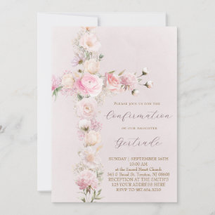 Invitation fleurs roses croix Confirmation
