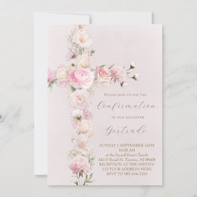 Invitation fleurs roses croix Confirmation (Devant)