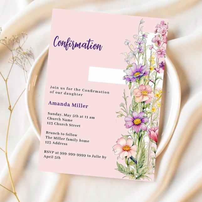 Invitation Fleurs roses croix fille Confirmation (Créateur téléchargé)