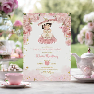 Invitation Fleurs Roses Cute Niña Presentación De Tres Años