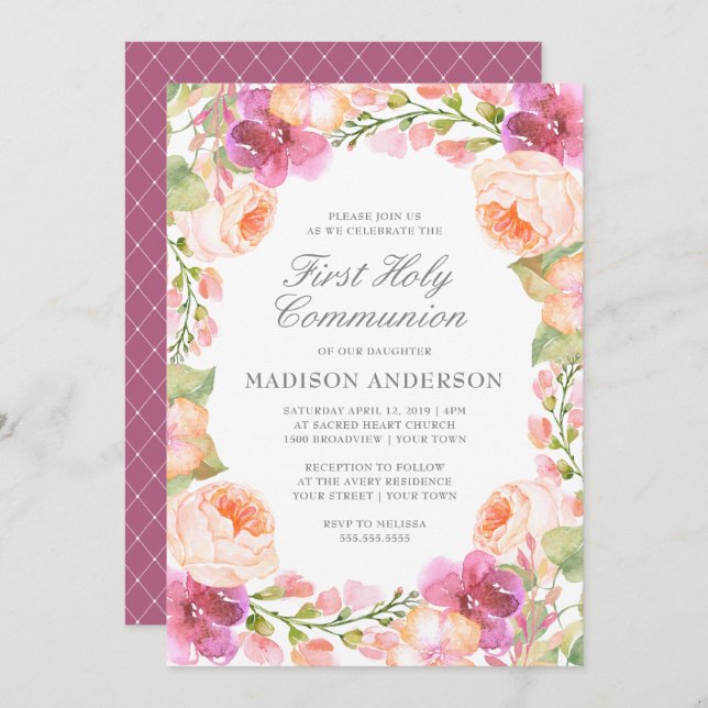 Invitation Fleurs roses d'aquarelle Première communion sainte (Devant / Derrière)