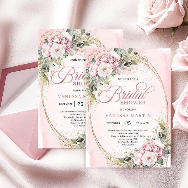 Invitation Fleurs roses de bohème dorées sous la douche (Bohemian Blush Pink Flowers Gold Shower)