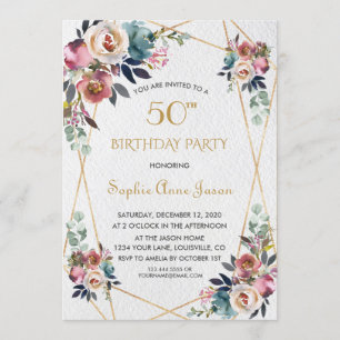 Invitation Fleurs roses de Bourgogne Marbre d'or 50e annivers