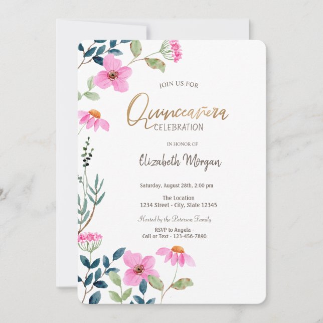 Invitation Fleurs roses de jardin Quinceañera  (Devant)