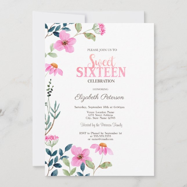 Invitation Fleurs roses de jardin Sweet 16 (Devant)