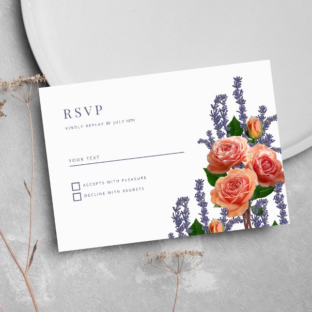 Invitation Fleurs roses de pêche de lavande botanique RSVP (Botanic lavender peach rose flowers RSVP)