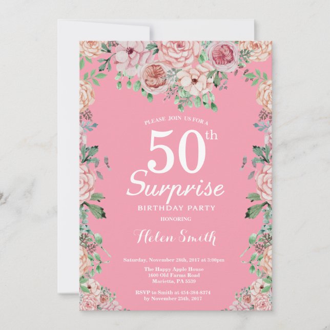 Invitation Fleurs roses de pivoines Surprise 50e anniversaire (Devant)