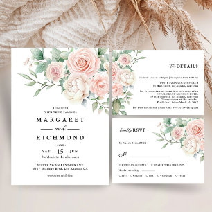 Invitation Fleurs roses de teint rosé romantique Mariage de j