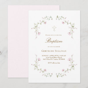 Invitation fleurs roses délicates Baptême