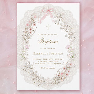 Invitation fleurs roses délicates cadre en dentelle ovale Bap