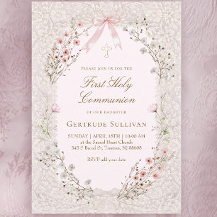 Invitation fleurs roses délicates cadre en dentelle Première