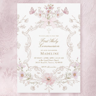 Invitation fleurs roses délicates encadrent la première commu