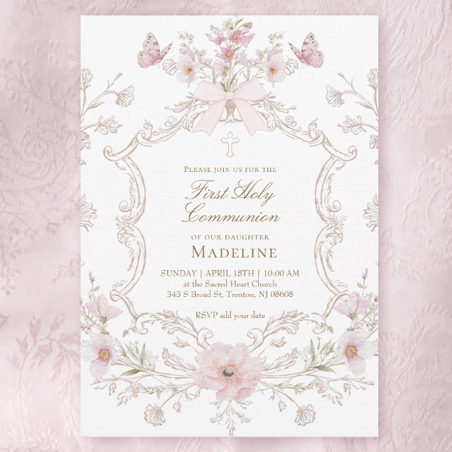 Invitation fleurs roses délicates encadrent la première commu (Créateur téléchargé)