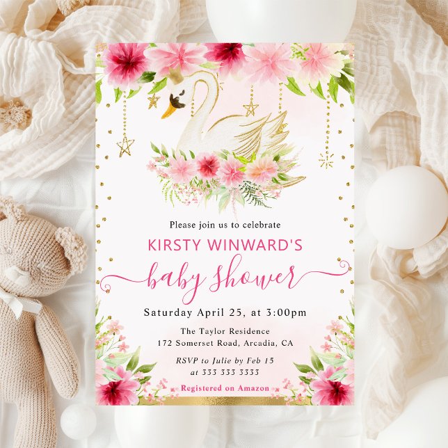 Invitation Fleurs roses d'été à l'aquarelle Bain de bébé cygn (Créateur téléchargé)