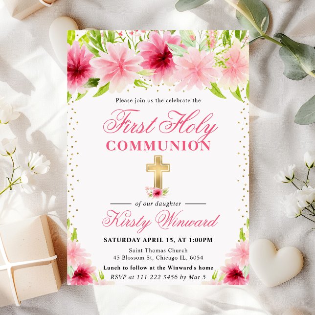 Invitation Fleurs roses d'été Première communion (Créateur téléchargé)