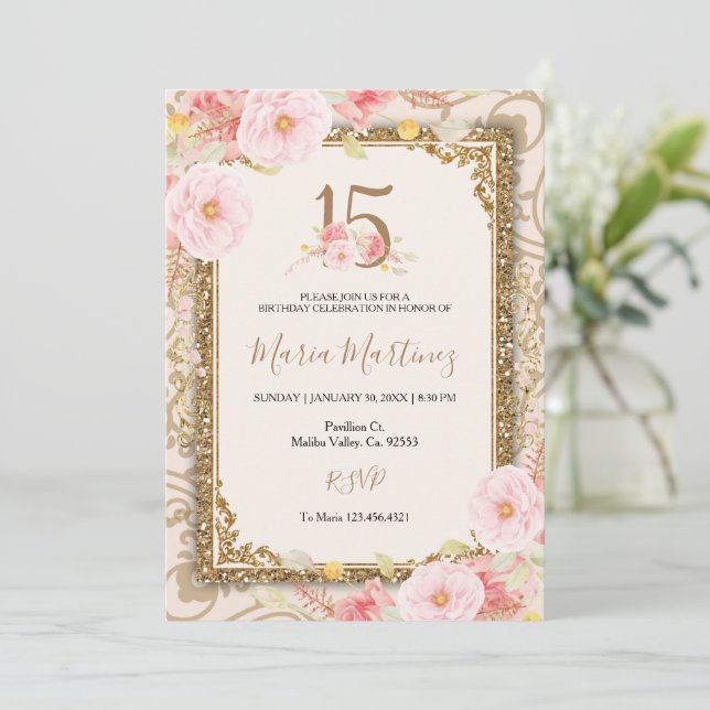 Invitation Fleurs roses d'or Rose 15e anniversaire  (Debout devant)