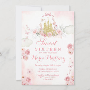 Invitation Fleurs Roses d'or rose doux 16e anniversaire