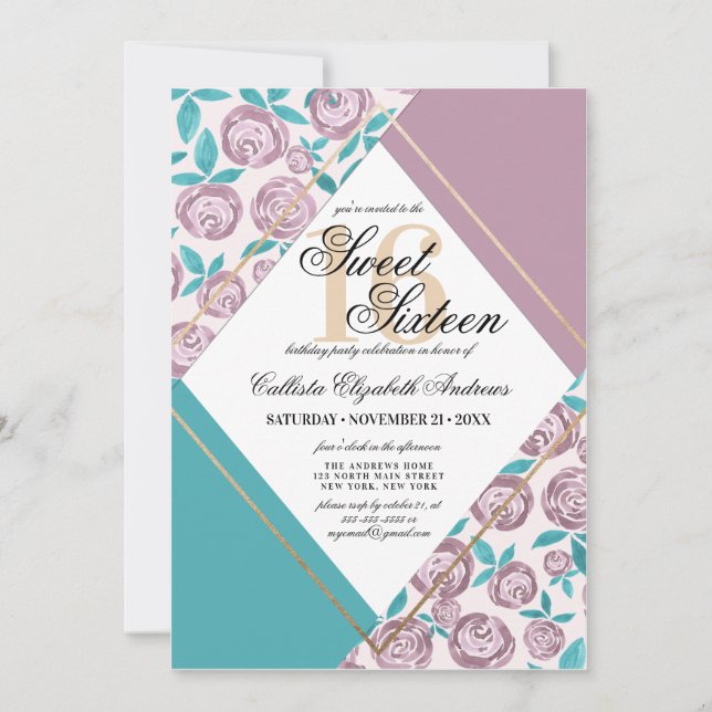 Invitation Fleurs roses dorées modernes Aquarelle Douce 16 (Devant)