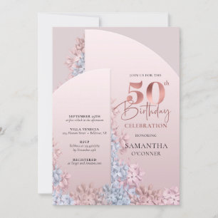 Invitation Fleurs roses dorées rose rousse 50e anniversaire
