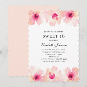 Invitation Fleurs roses douces 16. 16e anniversaire de florai