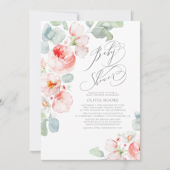 Invitation Fleurs roses douces Élégant Baby shower Boho Girl (Devant)