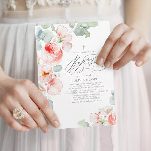 Invitation Fleurs roses douces Élégant Baptême Boho