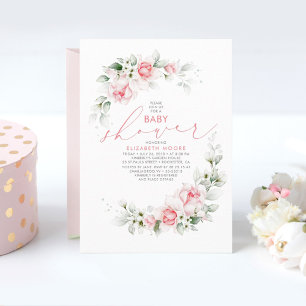 Invitation Fleurs roses douces et Baby shower vert
