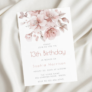 Invitation Fleurs roses douces Filles 13ème anniversaire