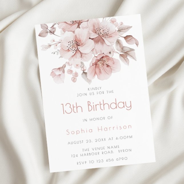 Invitation Fleurs roses douces Filles 13ème anniversaire (Créateur téléchargé)