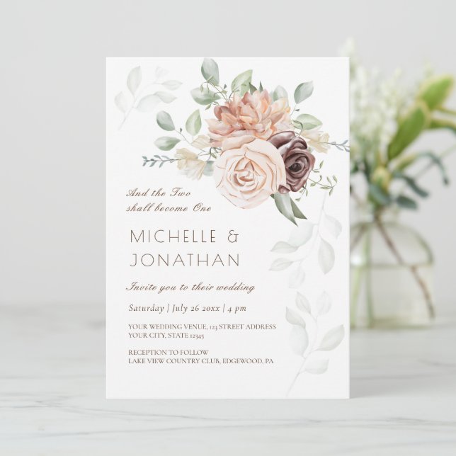 Invitation Fleurs roses douces vertes Mariage chrétien (Debout devant)