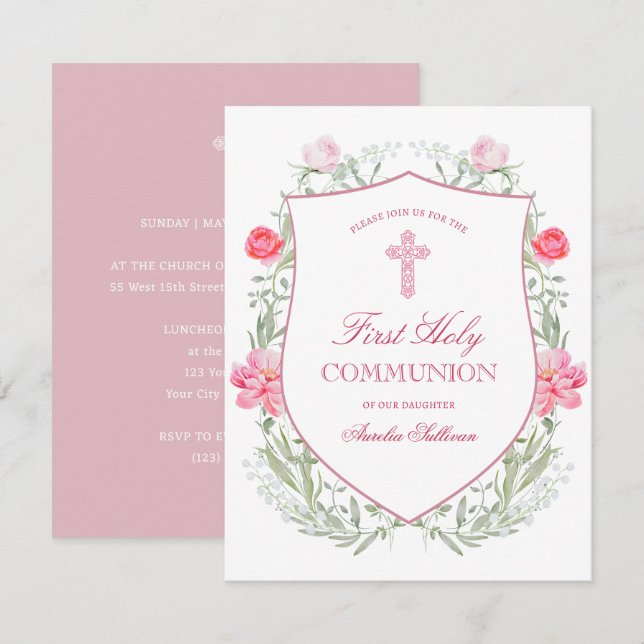 Invitation Fleurs roses du jardin Crest Première communion (Devant / Derrière)