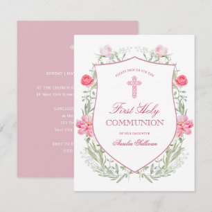 Invitation Fleurs roses du jardin Crest Première communion