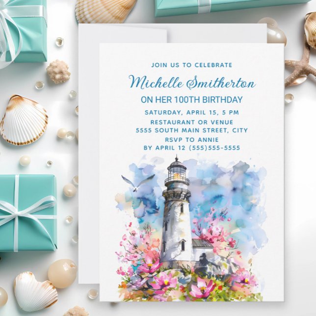 Invitation Fleurs roses du phare 100e anniversaire (Lighthouse and cherry blossoms birthday party invitation)
