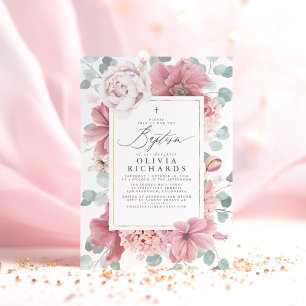 Invitation Fleurs Roses Dusty Élégantes Filles Baptême