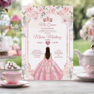 Invitation Fleurs roses Dusty et Rose Gold Crown Mis Quince
