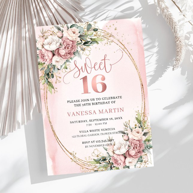 Invitation Fleurs roses éclatantes de blush Eucalyptus 16e an (Sparkling Blush Pink Flowers Eucalyptus 16th Birthday Invite

)