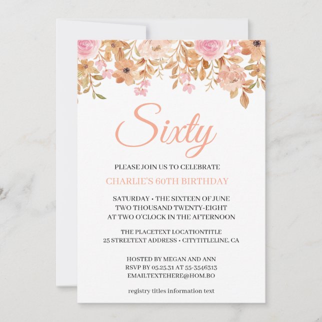 Invitation Fleurs roses Elégant Boho Soixante - 60e Anniversa (Devant)