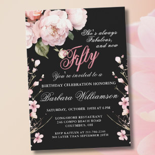 Invitation Fleurs roses élégantes 50 & Fab Anniversaire