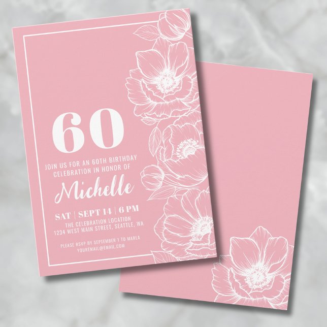 Invitation Fleurs Roses Élégantes 60e Anniversaire (Elegant Pink Floral 60th Birthday Invitation)