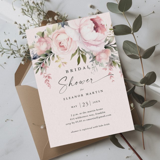Invitation Fleurs Roses Élégantes de Verdure Jardin Enterreme (Elegant Pink Flowers Greenery Garden Bridal Shower Invitation)