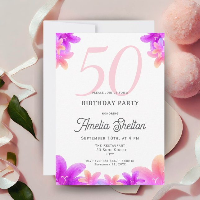 Invitation Fleurs Roses Élégantes Fête d'anniversaire 50 ans  (Créateur téléchargé)