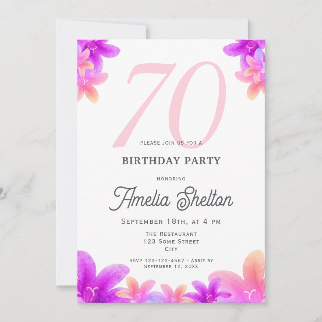 Invitation Fleurs Roses Élégantes Fête d'anniversaire 70 ans  (Devant)