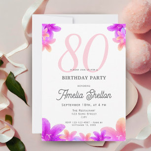 Invitation Fleurs Roses Élégantes Fête d'anniversaire 80 ans