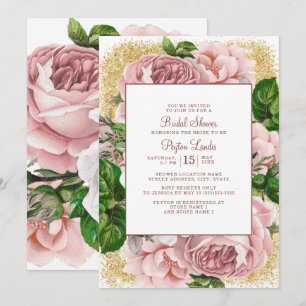 Invitation Fleurs roses élégantes Mariage avec paillettes dor