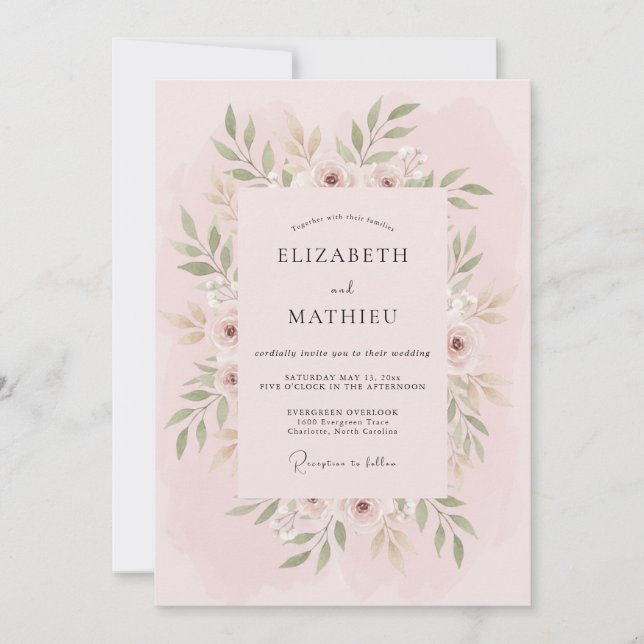 Invitation Fleurs roses en arche avec fioritures pour mariage (Devant)