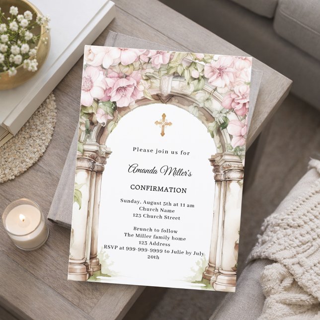 Invitation Fleurs roses en arche fille Confirmation (Créateur téléchargé)