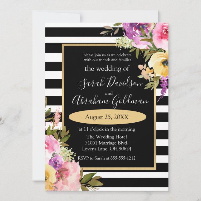 Invitation Fleurs Roses en noir et blanc Inv Mariage  (Devant)