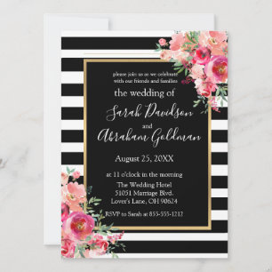 Invitation Fleurs Roses en noir et blanc Inv Mariage