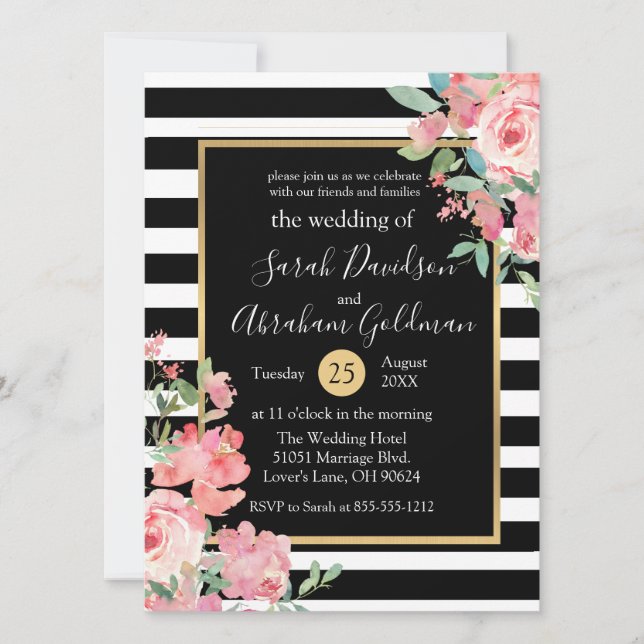 Invitation Fleurs Roses en noir et blanc Mariage (Devant)