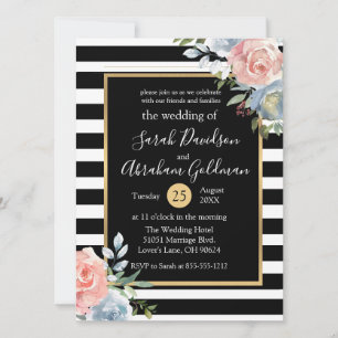 Invitation Fleurs Roses en noir et blanc Mariage